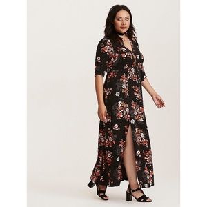 FLORAL CHALLIS CROCHET INSET M-SLIT MAXI DRESS